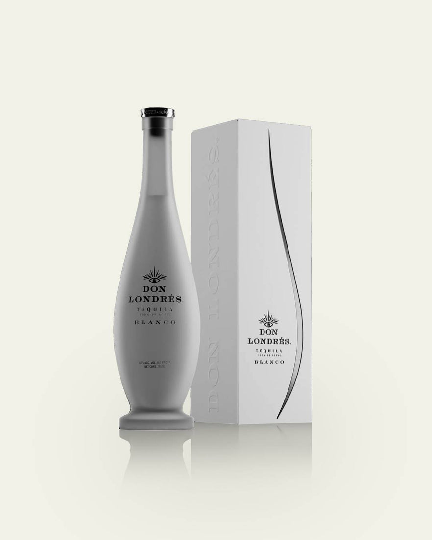 A matte white bottle of Don Londres Blanco by My Store is placed beside a matching white box, both featuring black text and minimalist design on a light background.